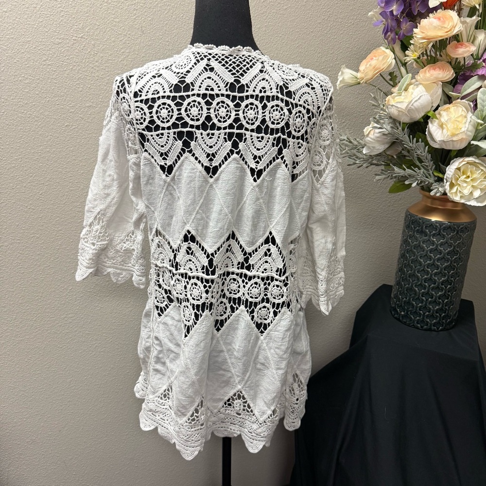 White Boho Crochet Lace Tunic Top | Sheer Festival Beach Cover Up M - Picture 3 of 6